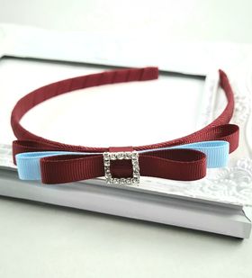 School Headband - Rhinestone Buckle - Burgundy/Maroon & Light Blue