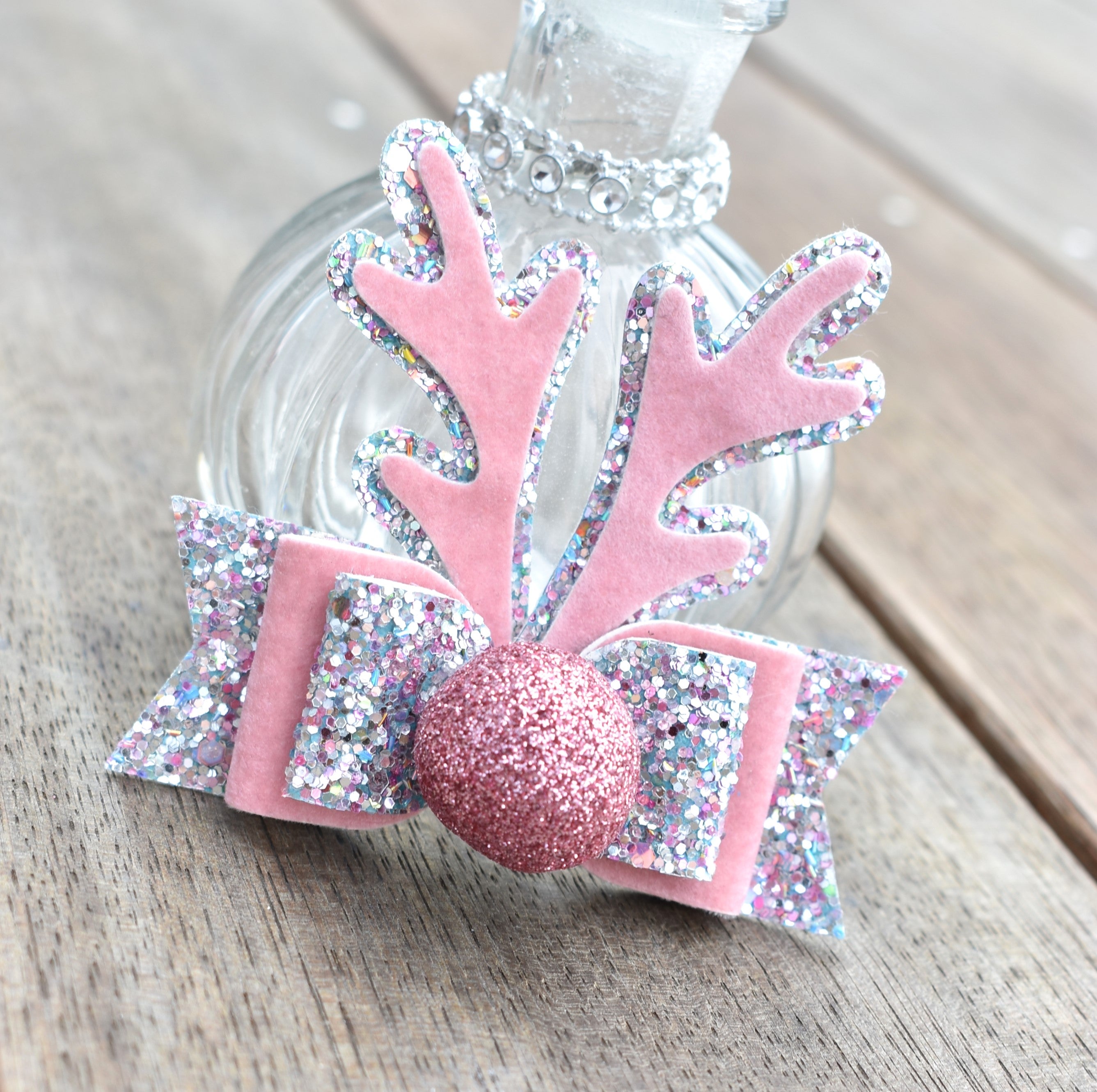 Large Reindeer Antler Bow - pink & silver