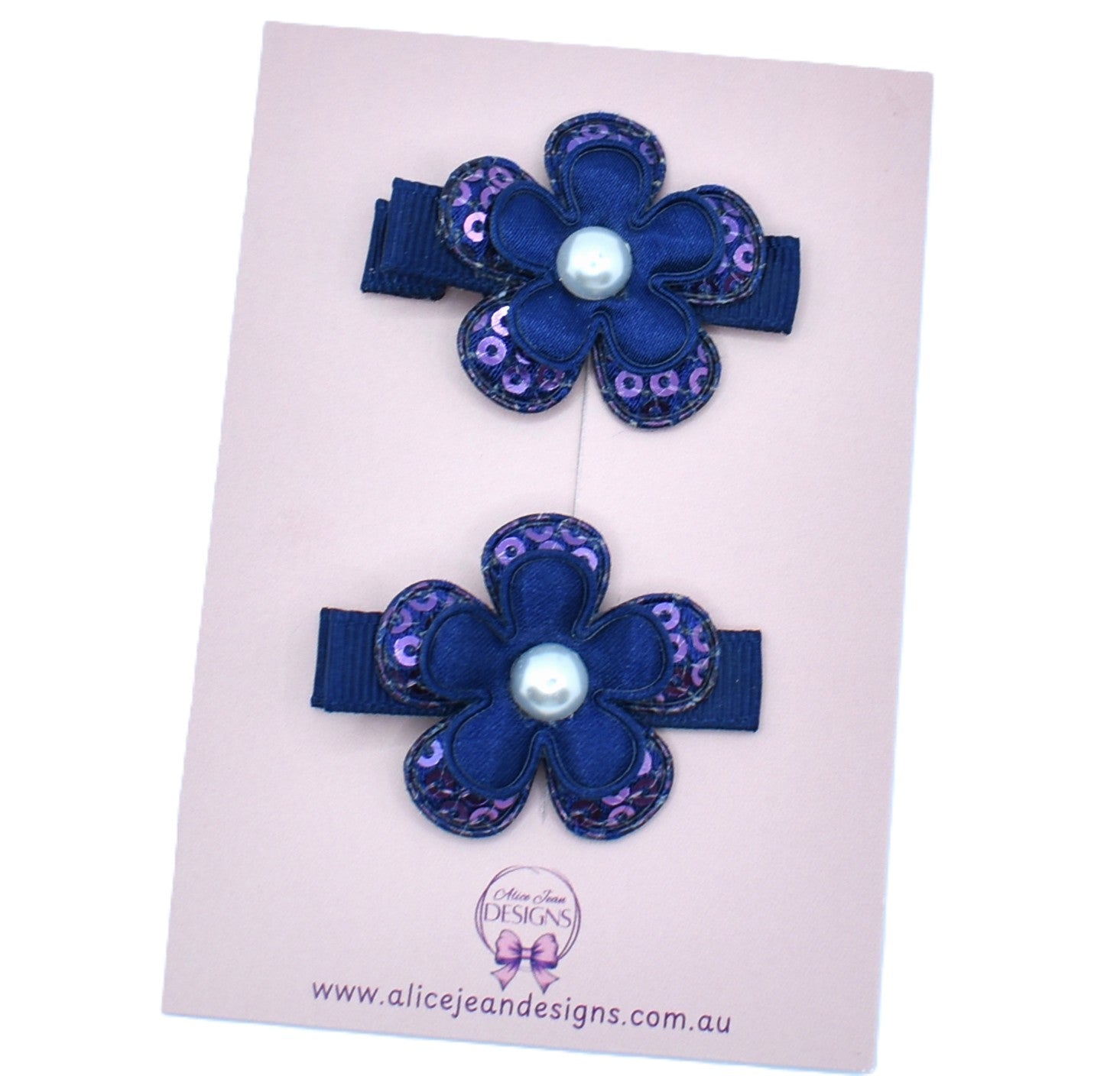 Flower Hair Clips - Navy Blue Sequin