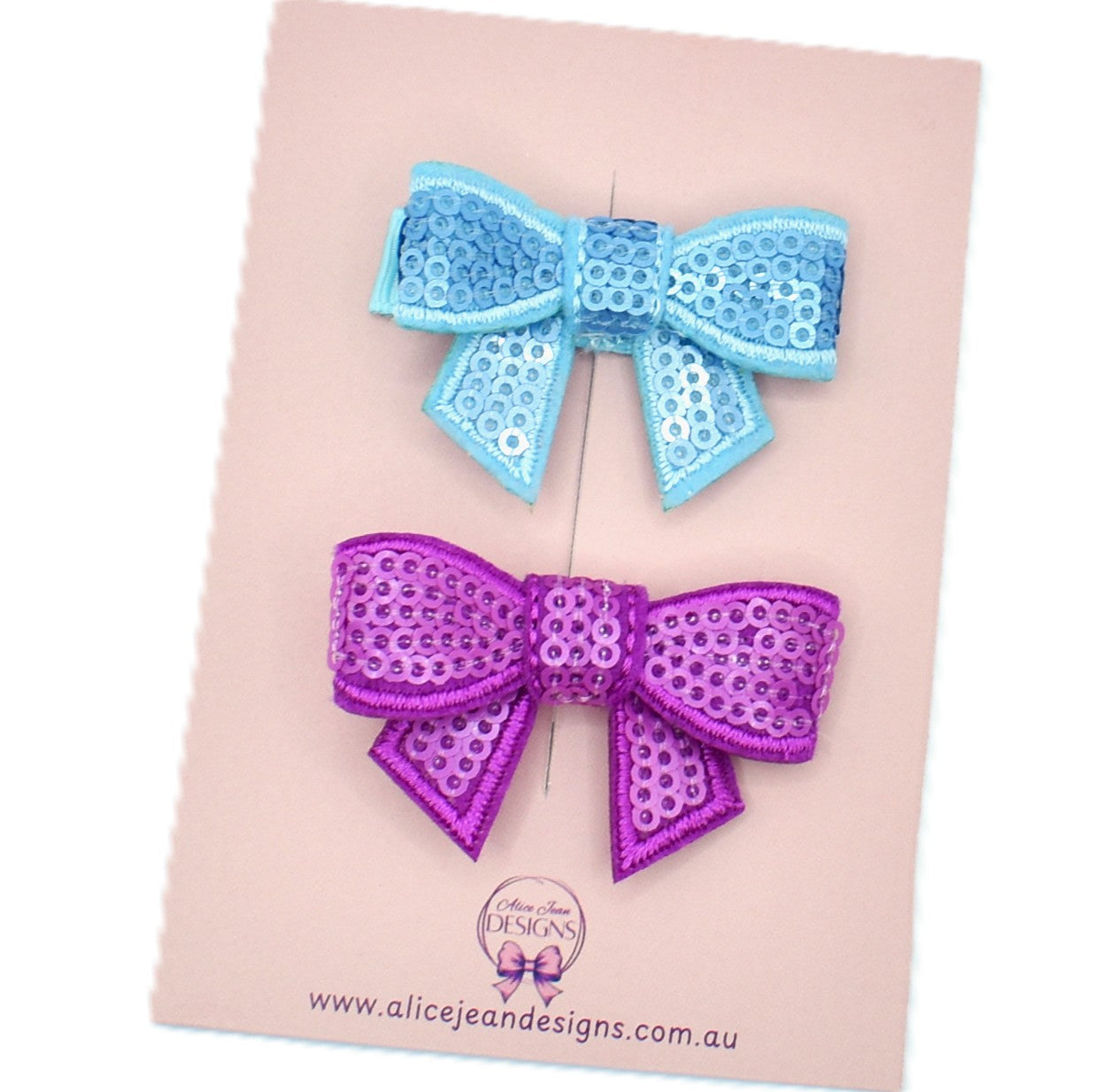 Piggytail Hair Clips - sequin bows - blue and purple