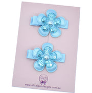 Piggytail Hair Clips - Light blue sequin flowers
