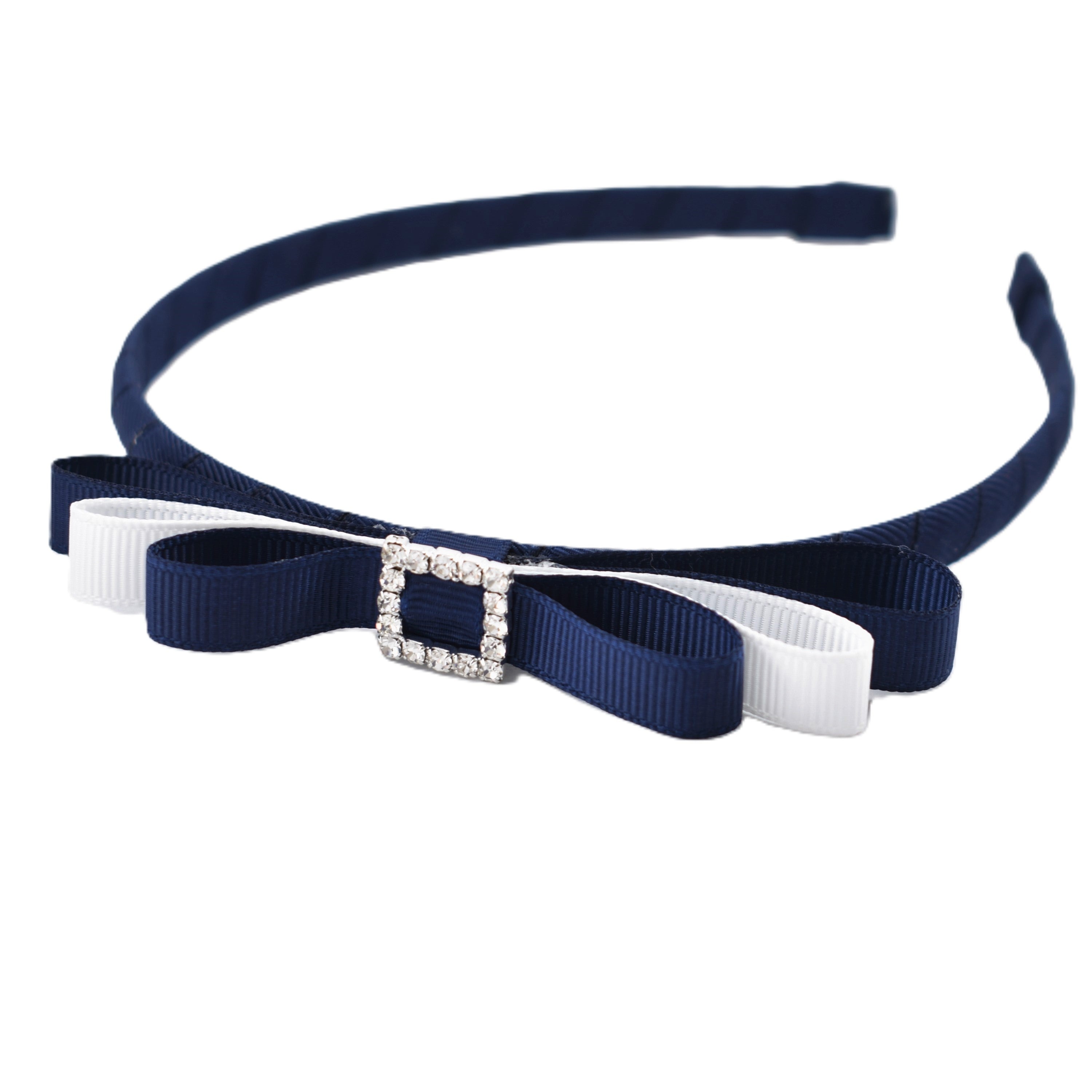 School Headband - Rhinestone Buckle - Navy Blue & White
