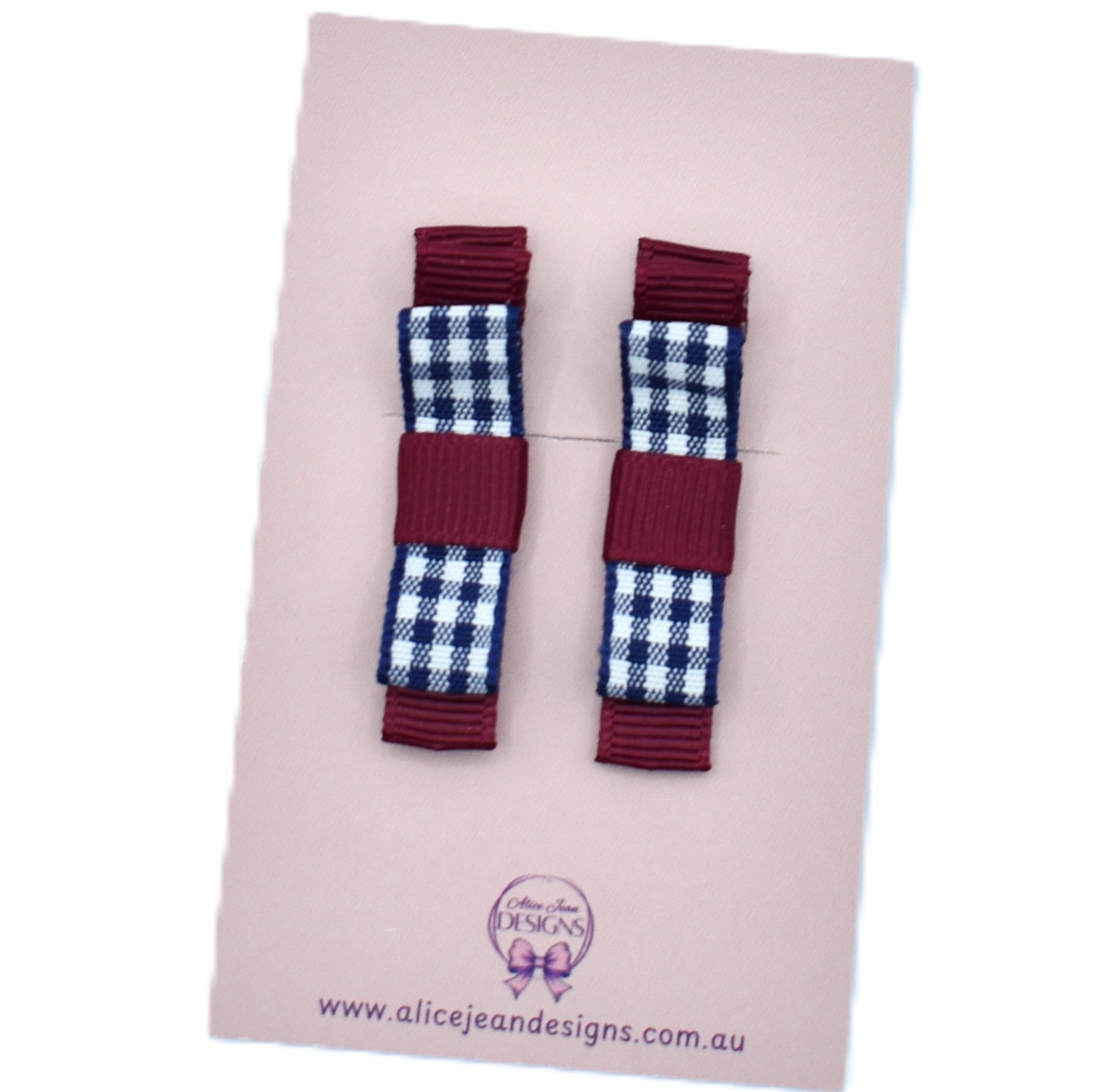 School Hair Clips - Navy Gingham & Burgundy