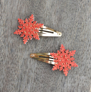 Glitter Snowflake Hair Clips - Red