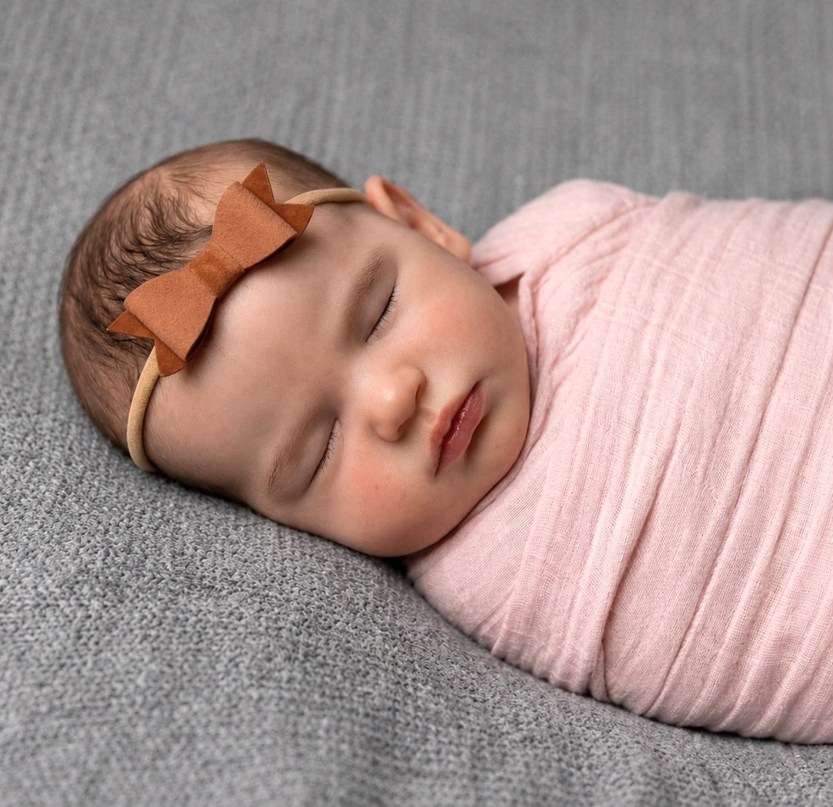 Newborn baby wrapped in pink swaddle, wearing brown bow headband and laying on grey blanket.