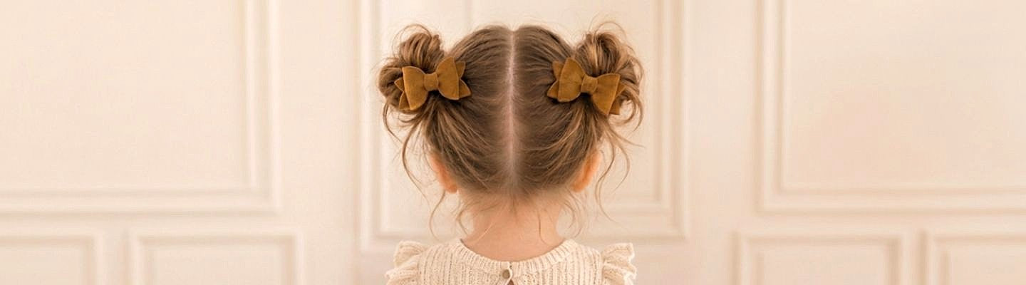 banner image of young girl wearing brown velvet bows in her pigtails 