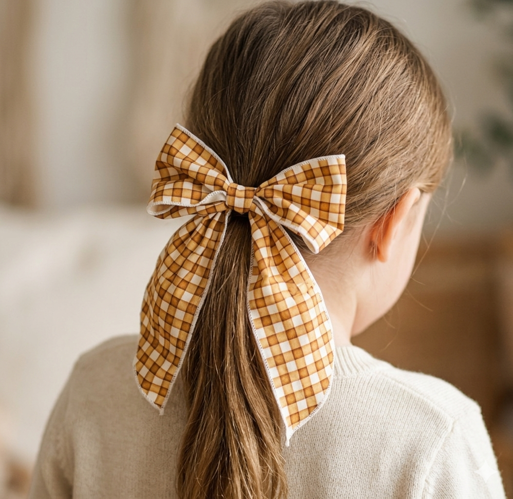 Ribbon Bow Hair Clip - mustard gingham