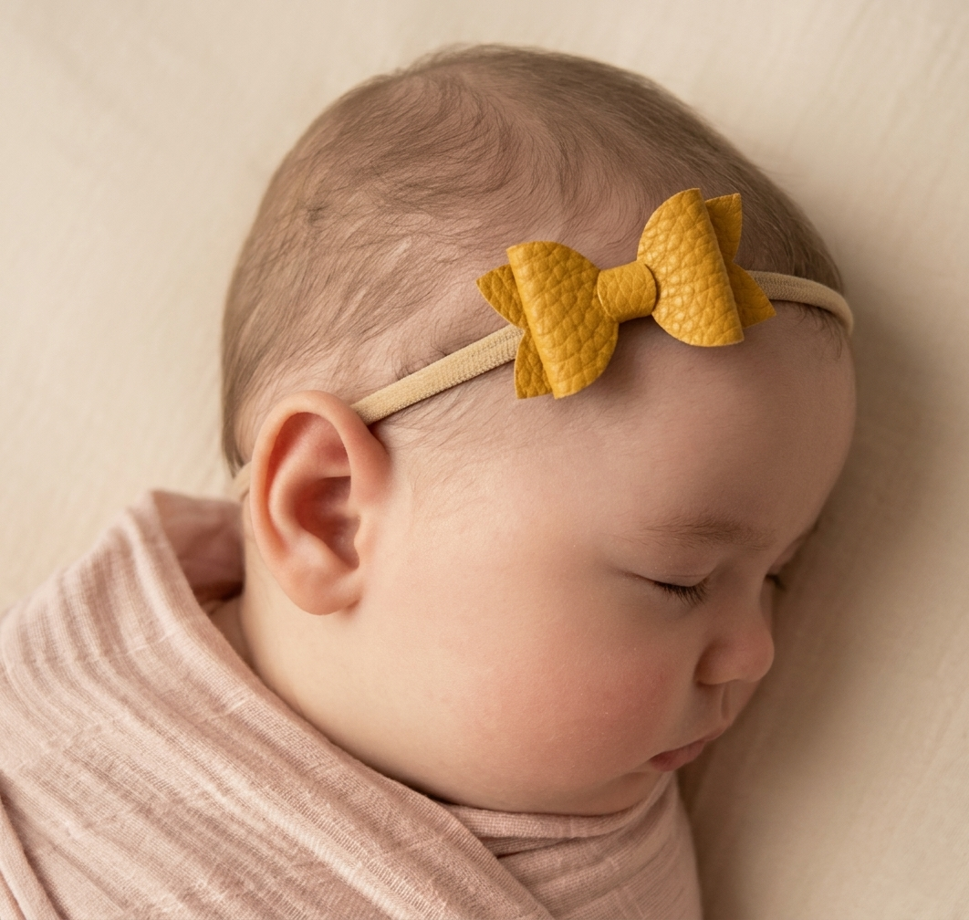 Newborn baby sleeping, wearing a mustard coloured leather bow headband 