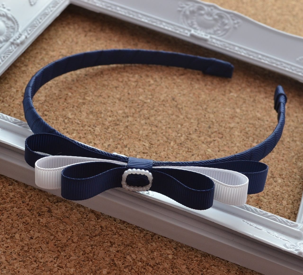 School Headband - Pearl Buckle - navy & white