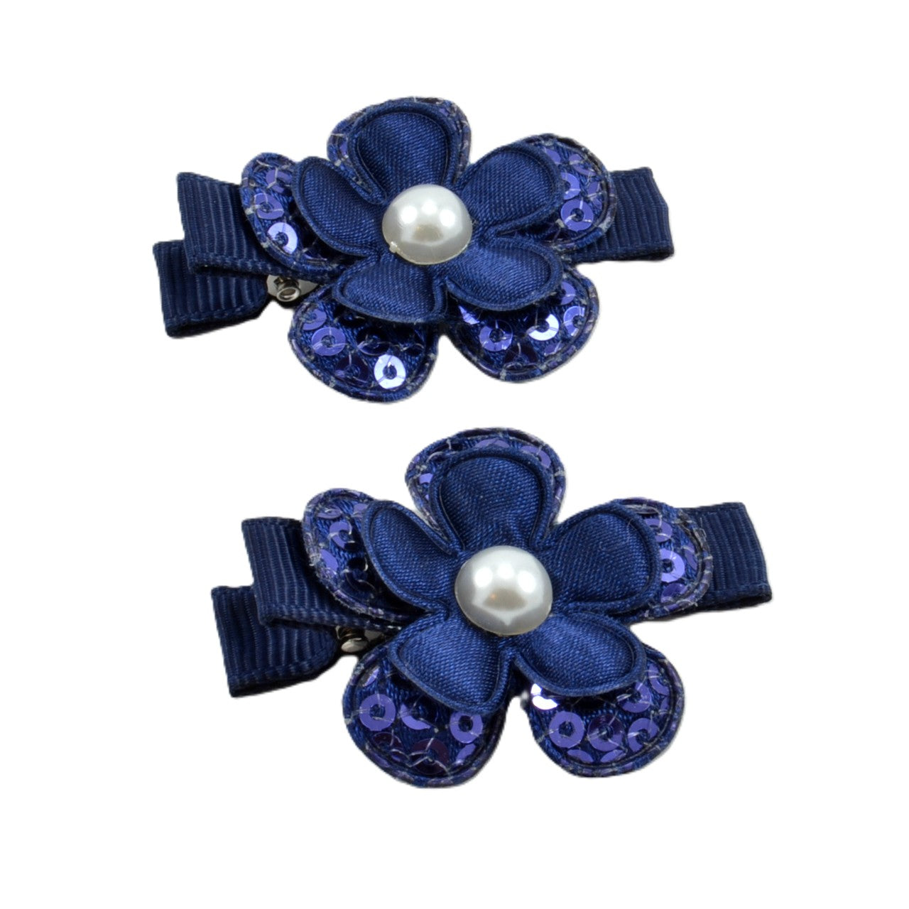 Flower Hair Clips - Navy Blue Sequin