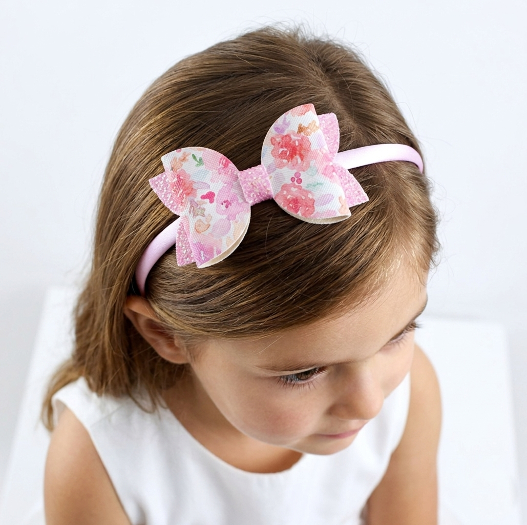 Young girl wearing a pink floral bow headband