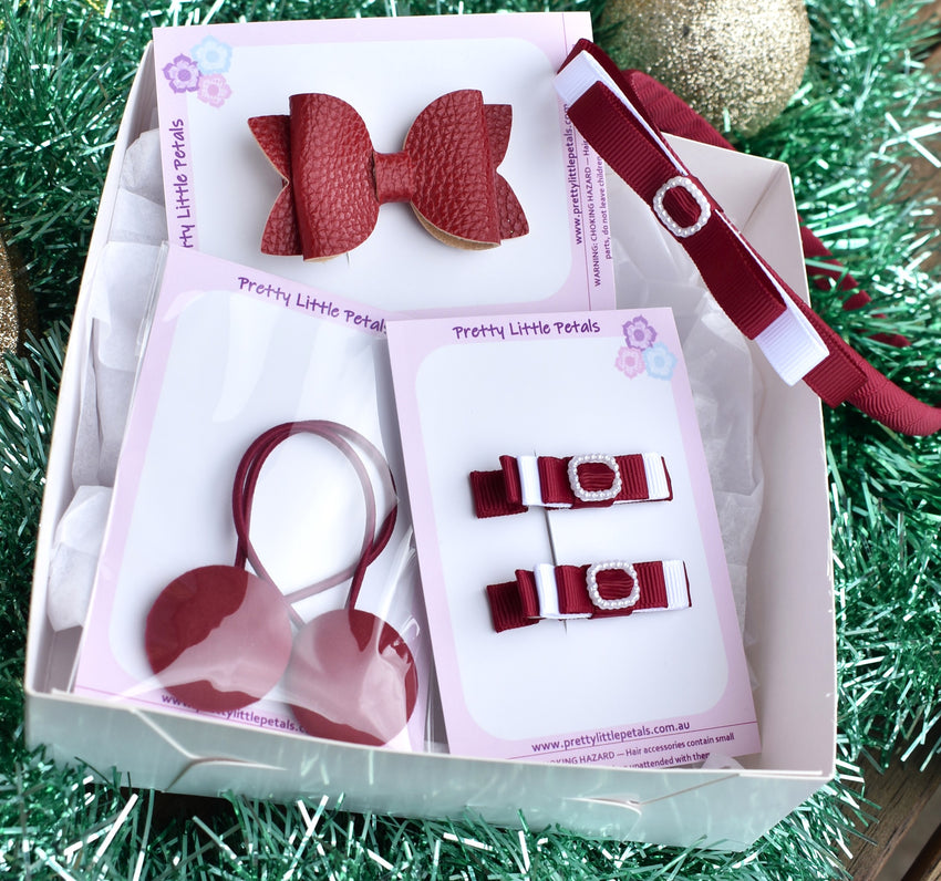 School Hair Accessories Gift Box - Maroon & White
