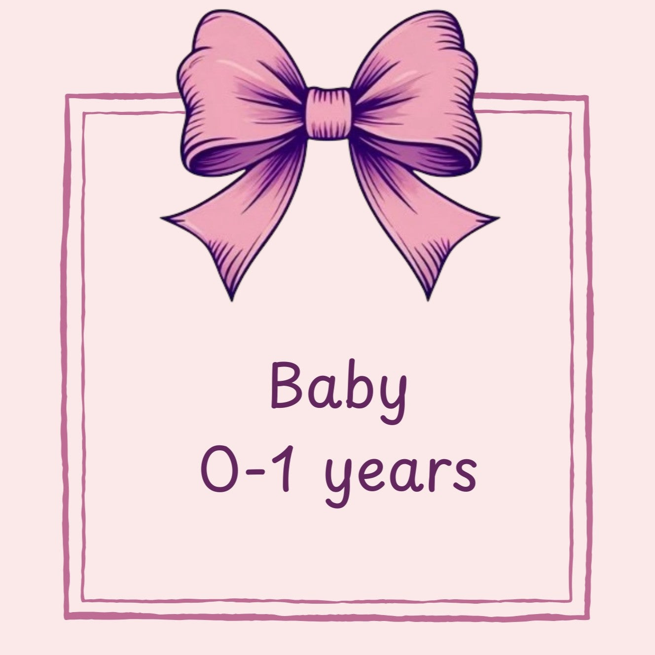 Pink bow with 'Baby 0-1 years' text on a light pink background