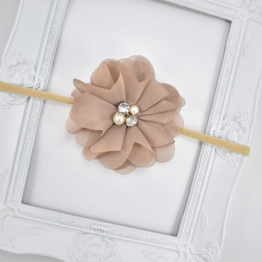 Tan Pearl Rhinestone Flower Headband