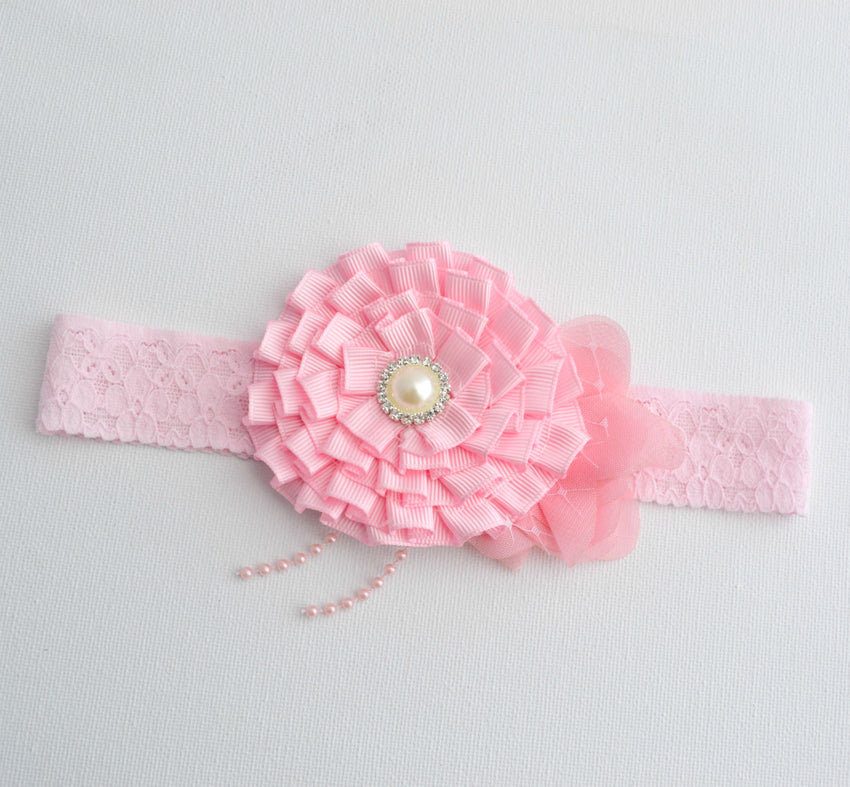 Lace Headband - pink flowers - Size: 6 months to 2yrs